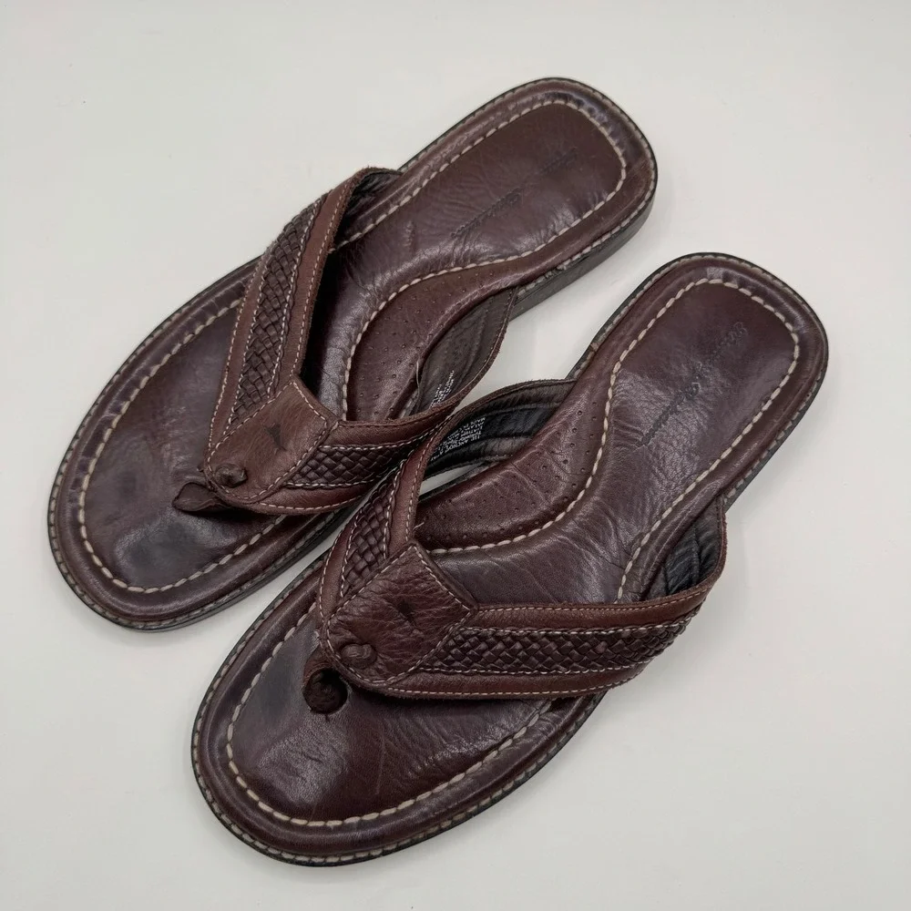 Tommy Bahama Anchors Away Mens Sz 11 D Brown Leather Woven Flip Flop Sandals